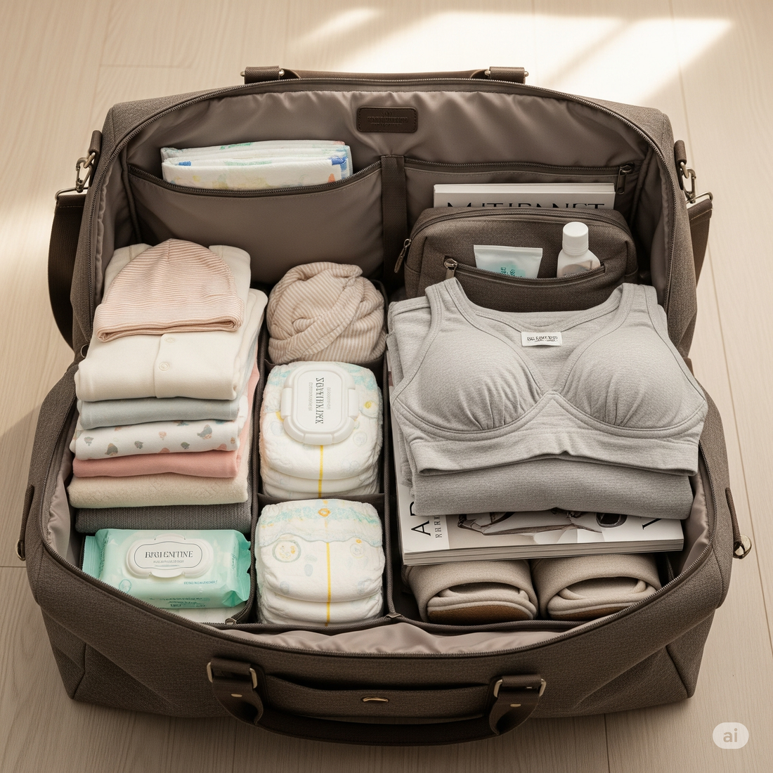 valise maternité prête avec vêtements bébé et maman