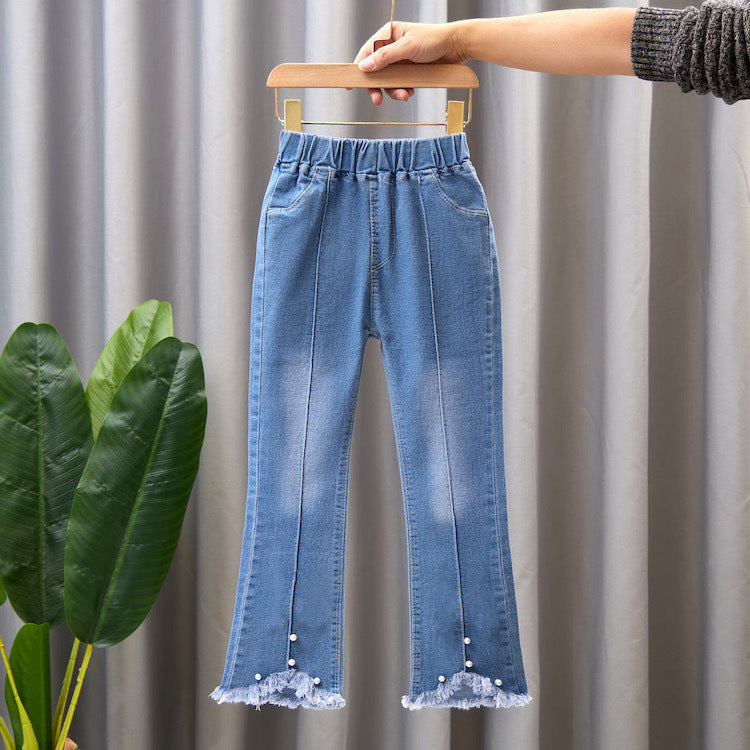 Pantalon en jean pour fille avec nœud et perle