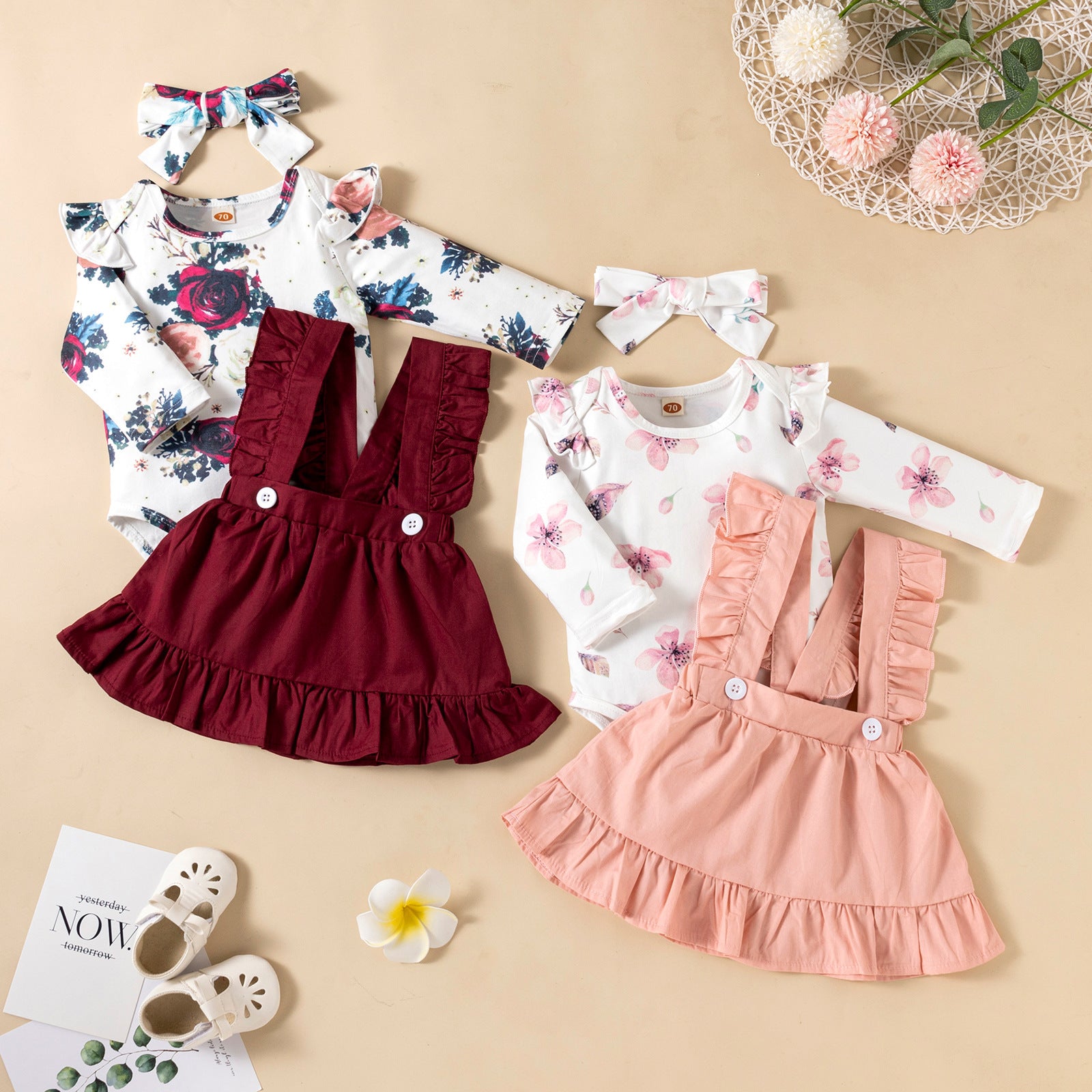 Ensemble barboteuse robe à volants et bandeau pour bébé fille
