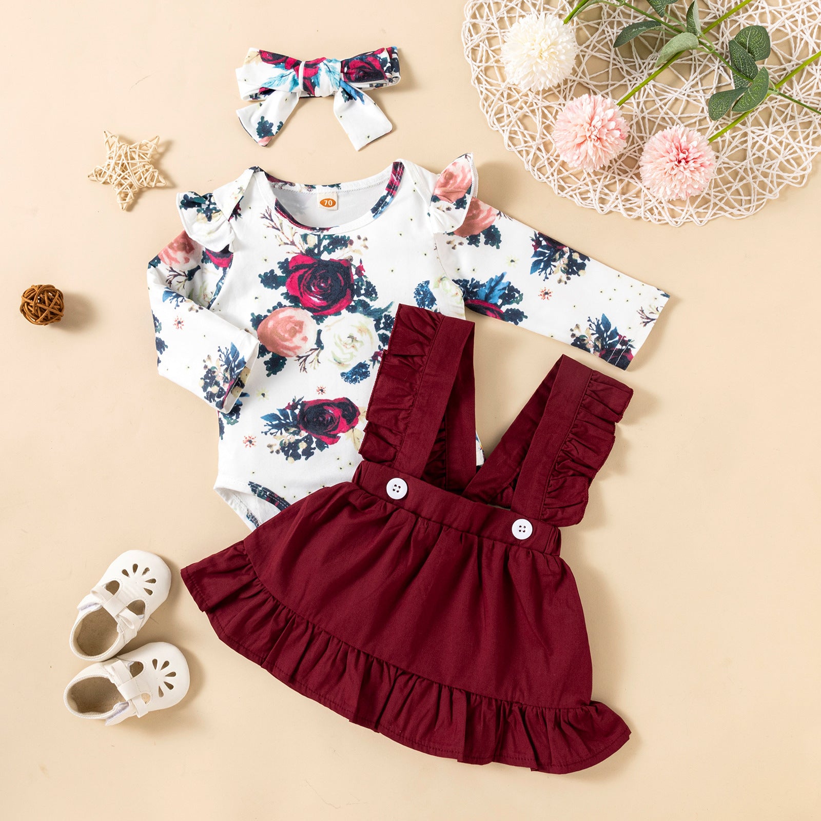 Ensemble barboteuse robe à volants et bandeau pour bébé fille