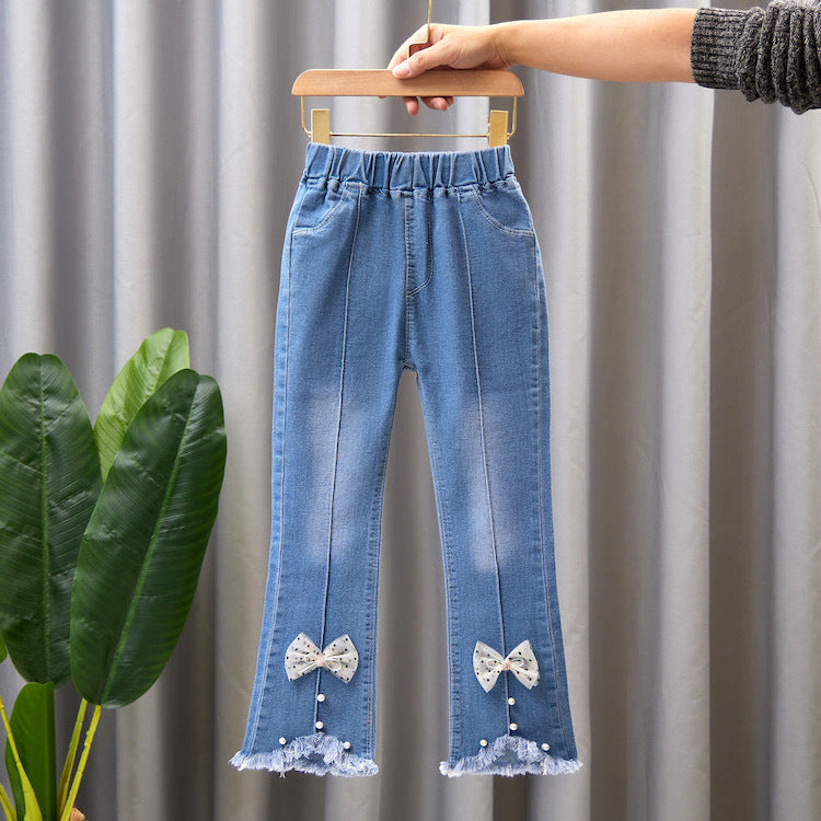 Pantalon en jean pour fille avec nœud et perle