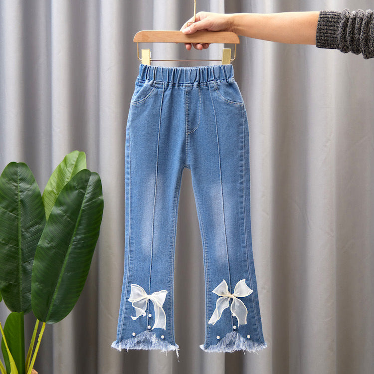 Pantalon en jean pour fille avec nœud et perle