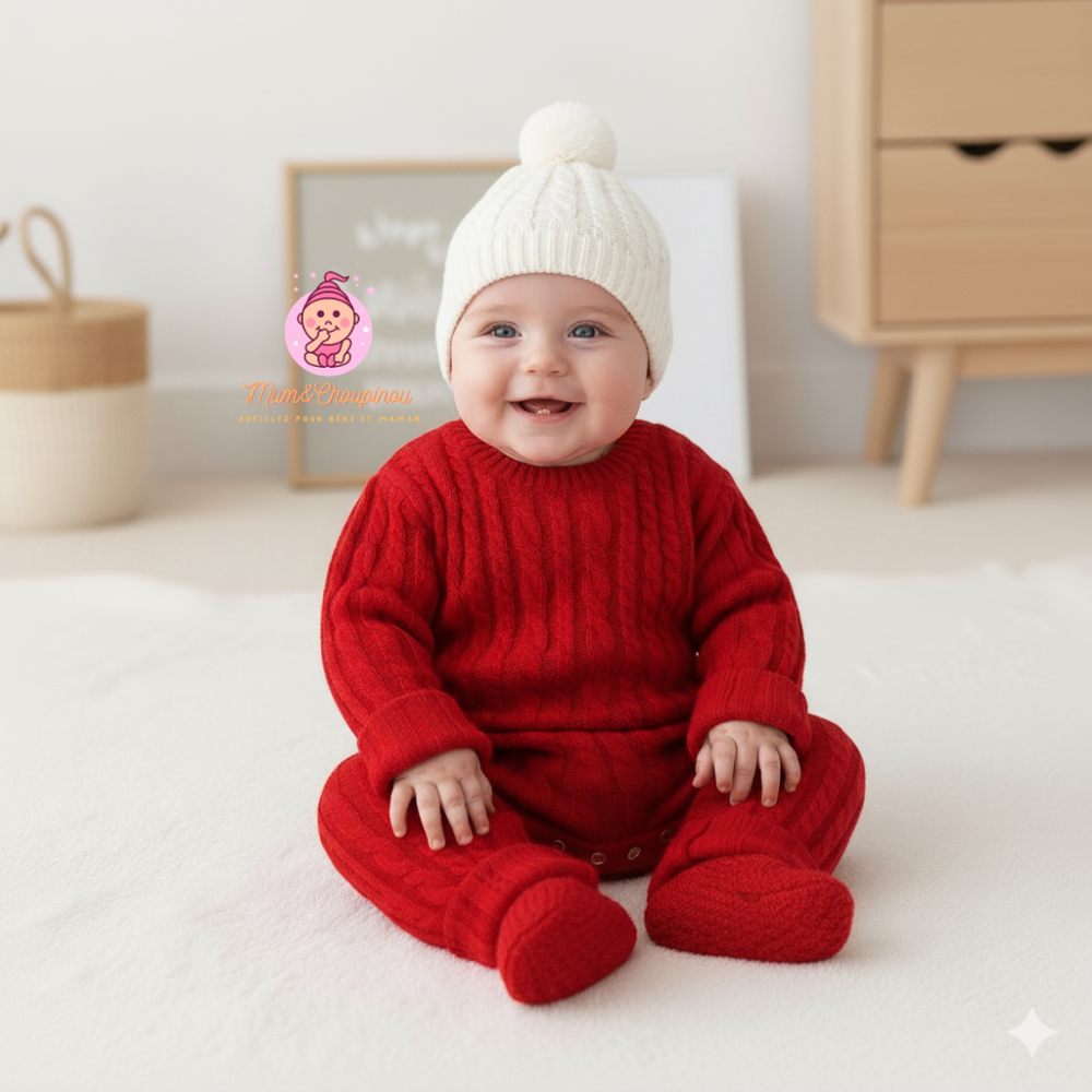 Combinaison pull tricoté bébé - Motif torsades 