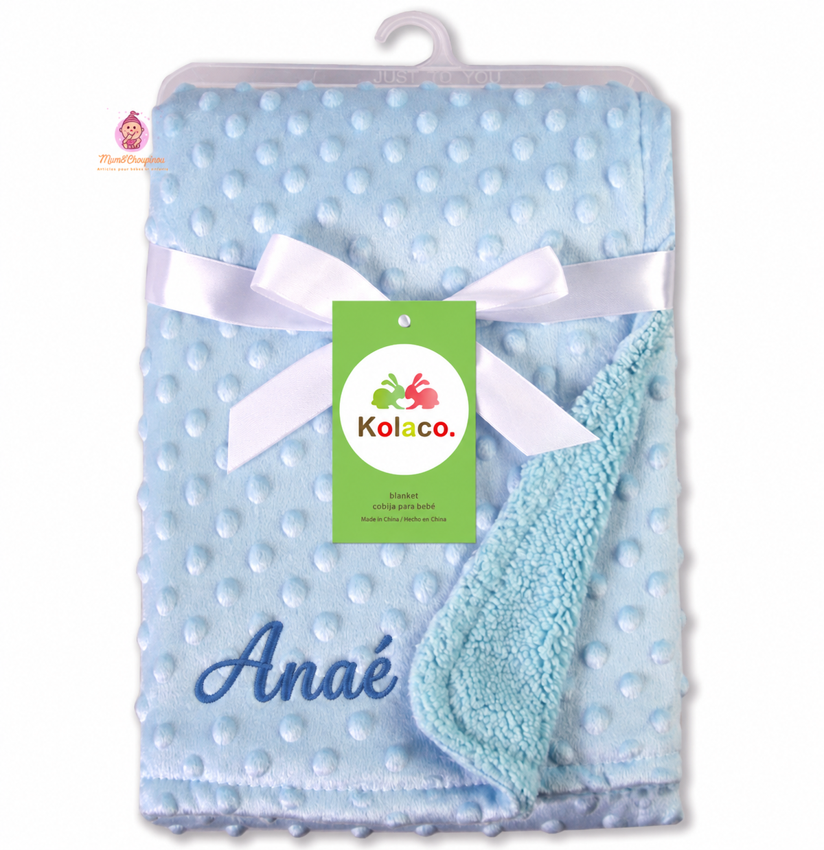 Couverture bébé polaire bleu clair personnalisée avec prénom brodé Anaé