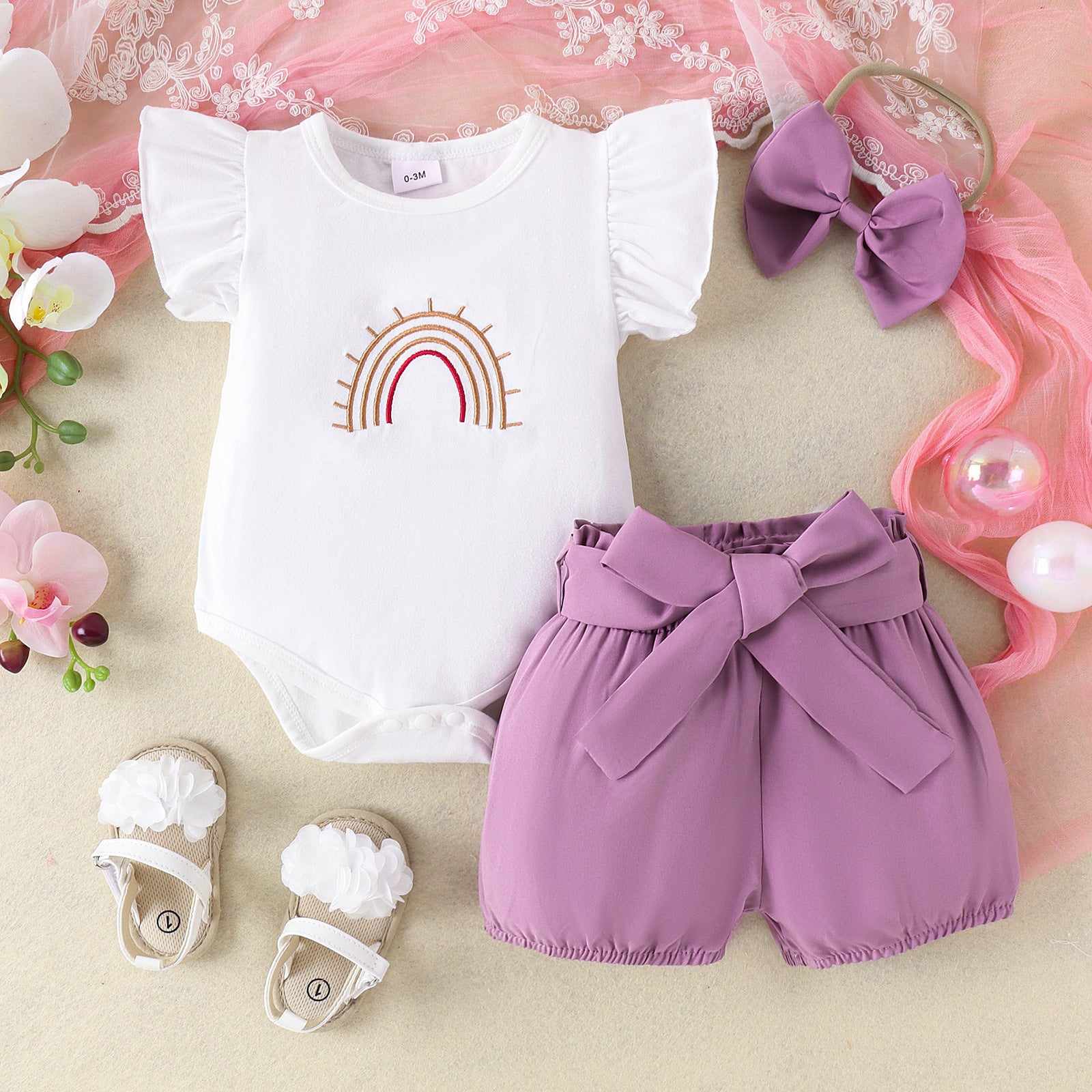 Ensemble short et barboteuse brodée arc en ciel