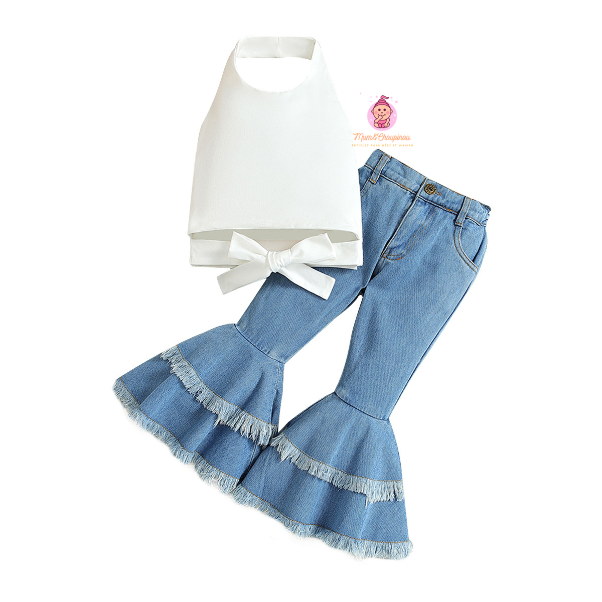 Ensemble fille haut blanc et jean évasé à volants