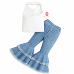 Ensemble fille haut blanc et jean évasé à volants