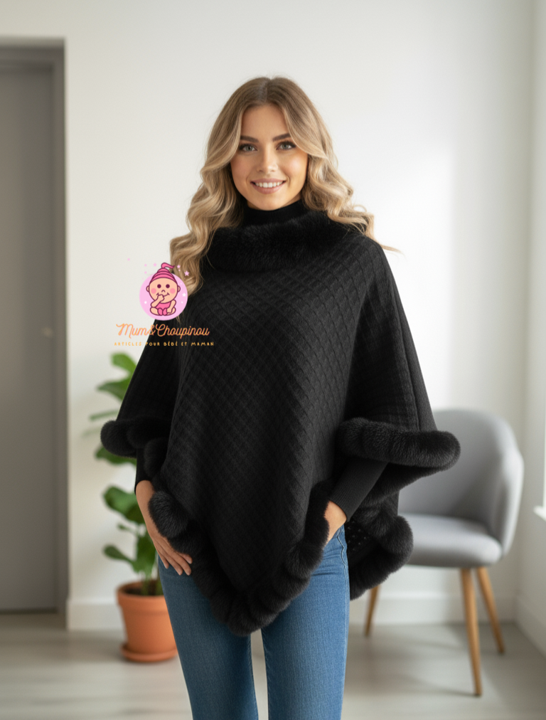 Poncho cape tricotée avec garniture en fausse fourrure
