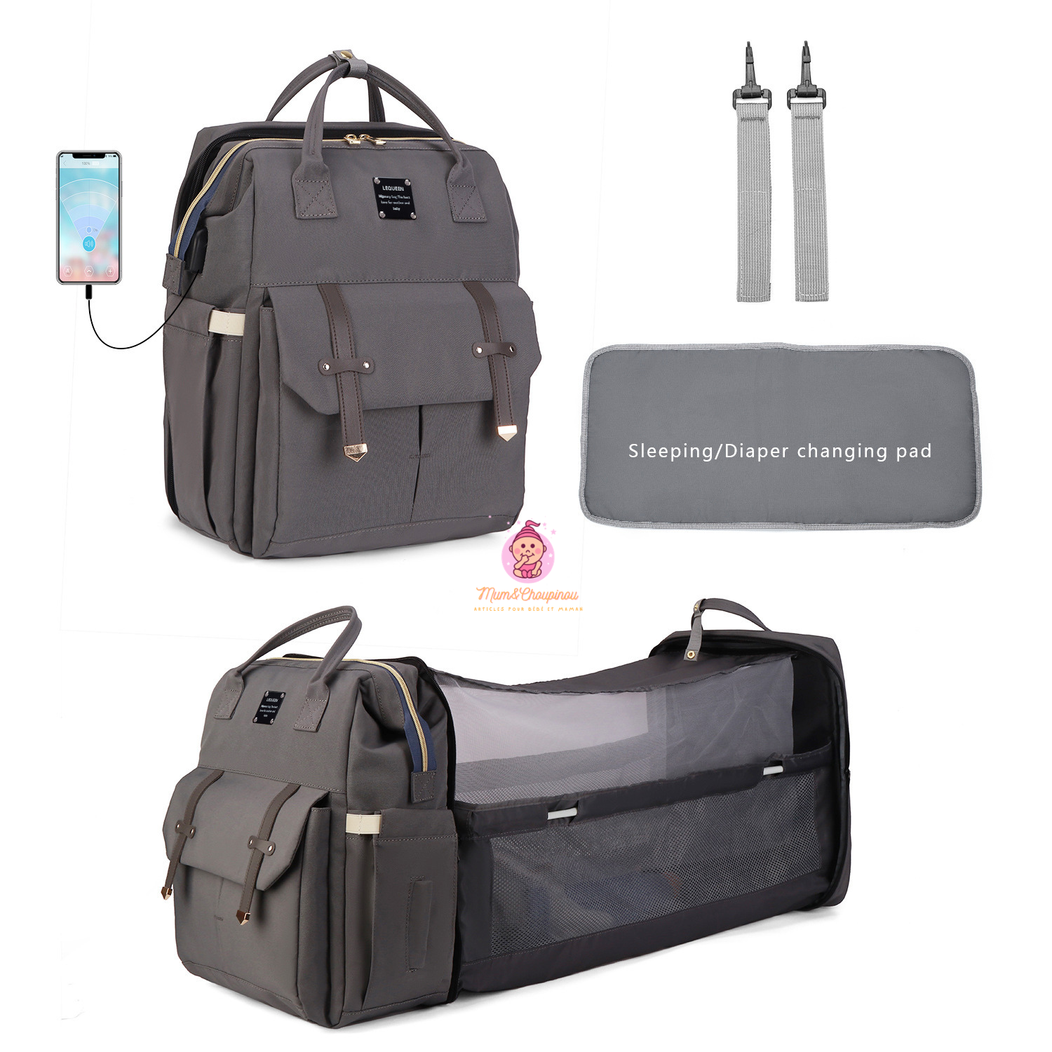 Sac à langer avec matelas intégré et accessoires