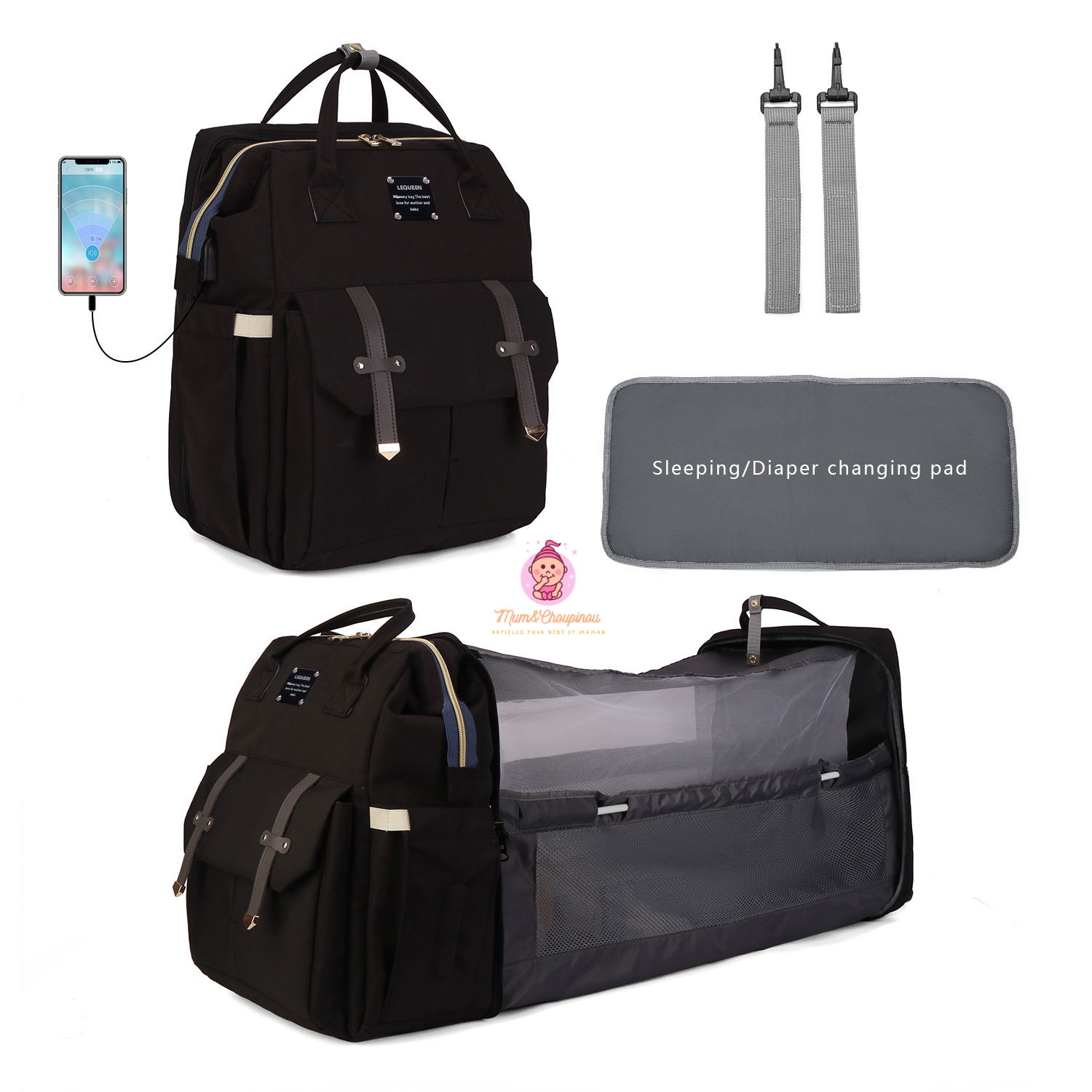 Sac à langer avec matelas intégré et accessoires