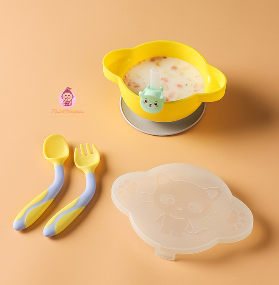 Ensemble bol à ventouse et couverts 